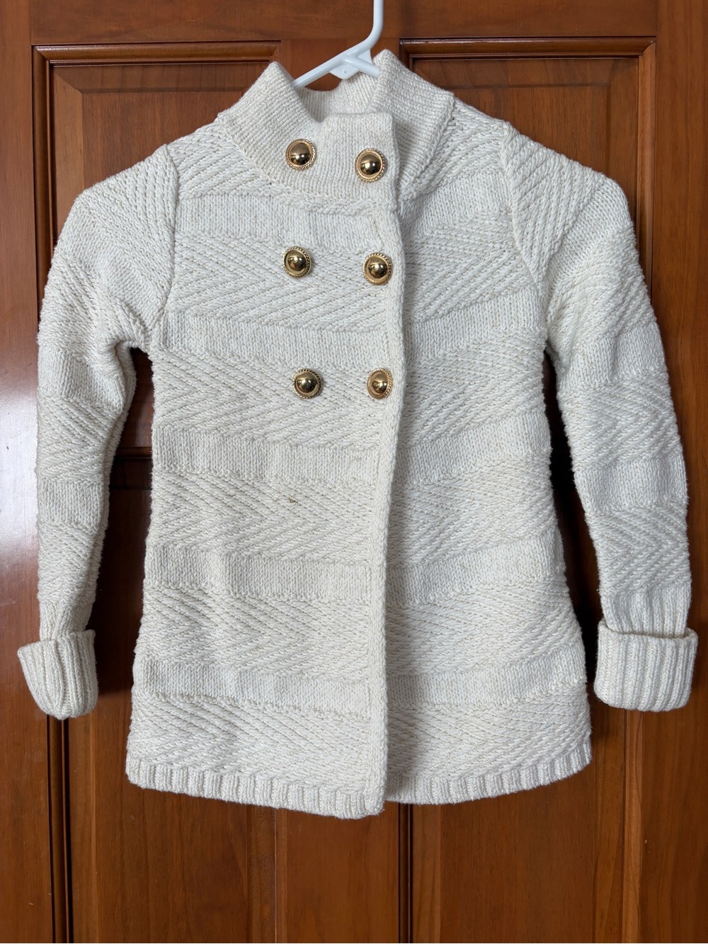 Tahari Cream Double-Breasted Knit Coat with Gold Buttons